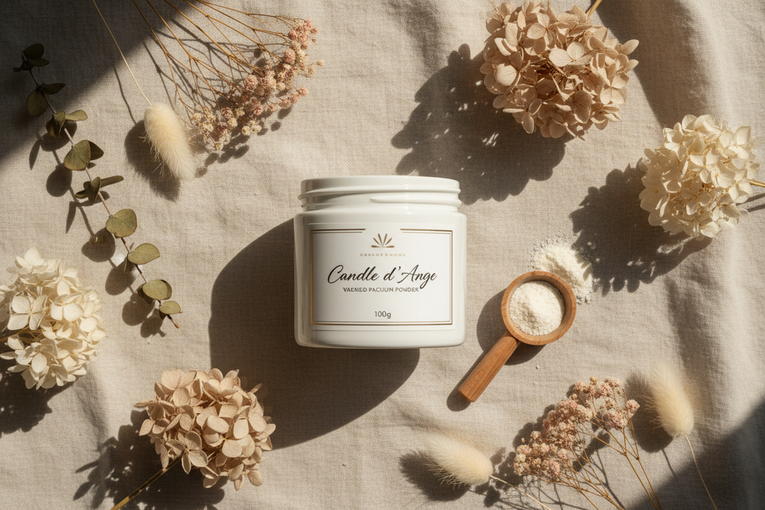 Pot de poudre parfumée pour aspirateur Candle d'Ange sur fond beige avec fleurs séchées